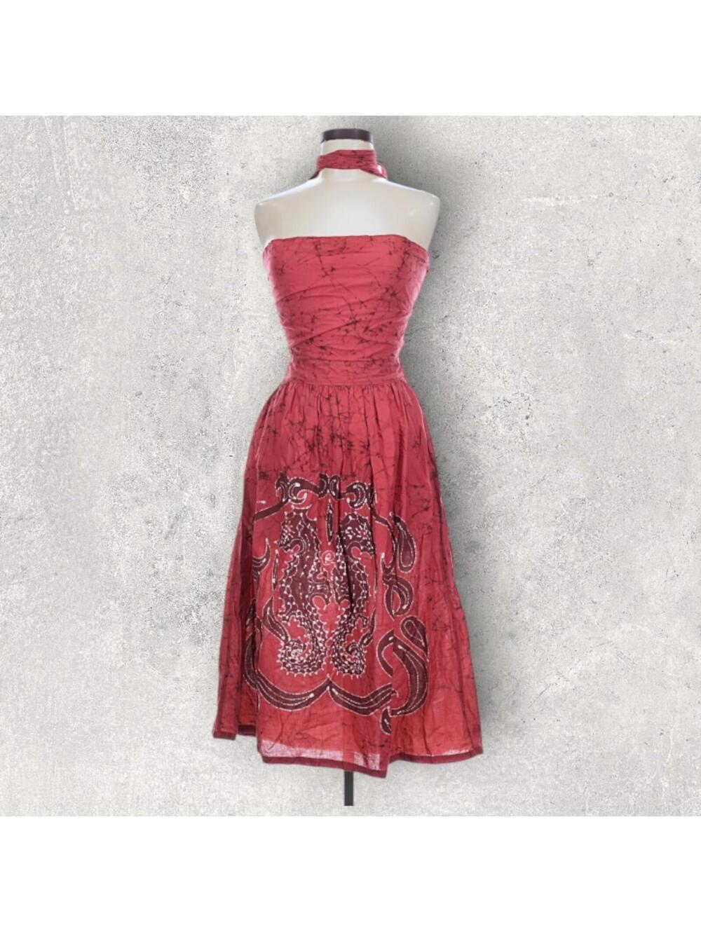 West Indian Sea Island Cotton Shop Seahorse Fit and Flare Red Tieback Dress M